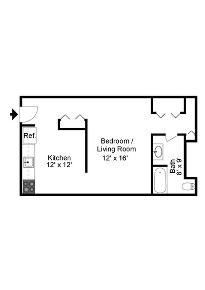 Studio apartment floorplan at Courtside Apartments