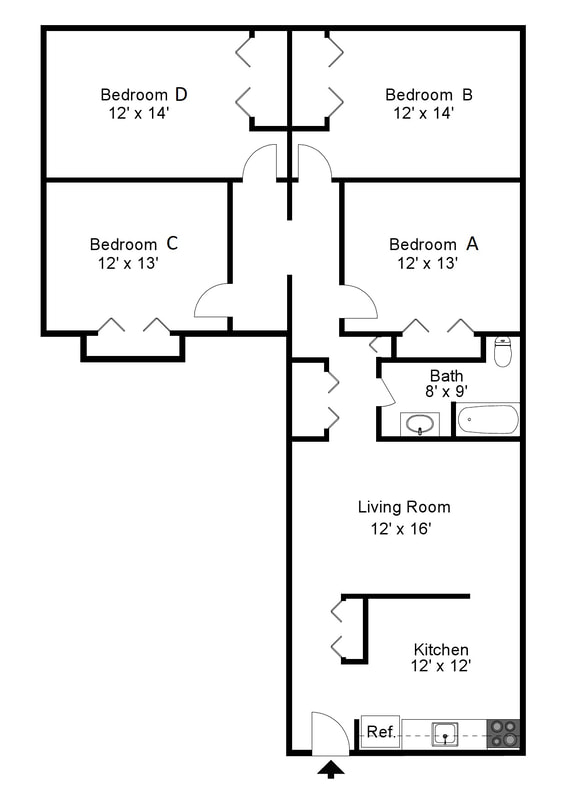 Four bedroom 1 bath floor plan at Courtside Apartments in Geneseo, NY