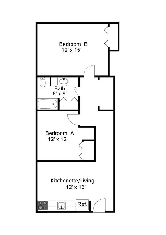 2 Bedroom with kitchenette floor plan at Courtside Apartments in Geneseo, NY