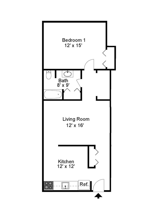1 bedroom 1 bath floor plan at Courtside Apartments in Geneseo, NY.